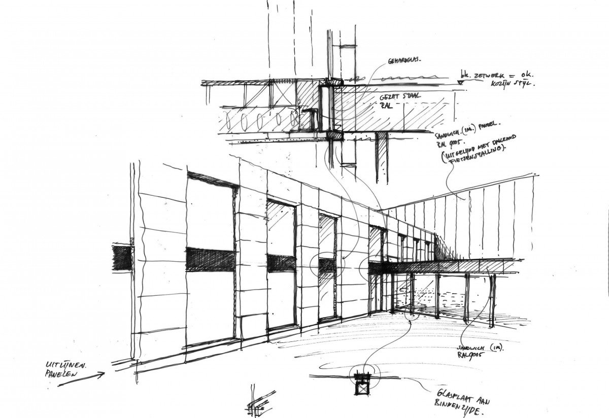 Schets ontwerp productiehal met kantoor Orangeworks oss door Heembouw Architecten