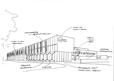 schets van Heembouw Architecten voor productiefaciliteit met kantoor Bosman van Zaal Aalsmeer