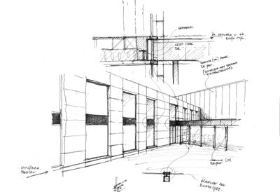 Schets ontwerp productiehal met kantoor Orangeworks oss door Heembouw Architecten