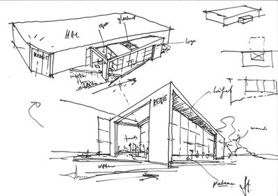 schets ontwerp Heembouw Architecten voor productielocatie en kantoor Kemie Helmond 